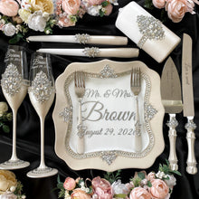 Load image into Gallery viewer, Silver wedding cake cutting set, wedding glasses for bride and groom, wedding plate & forks