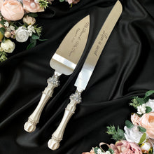 Load image into Gallery viewer, Wedding glasses for bride and groom, cake knife and server