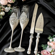 Load image into Gallery viewer, Silver wedding cake cutting set, wedding glasses for bride and groom, wedding plate & forks