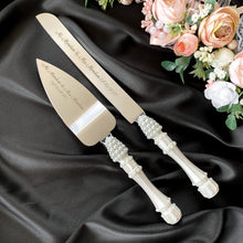 Load image into Gallery viewer, Pearl wedding glasses for bride and groom, cake knife and server
