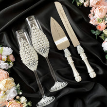 Load image into Gallery viewer, Pearl wedding glasses for bride and groom, wedding cake cutting set, wedding plate and forks, unity candles