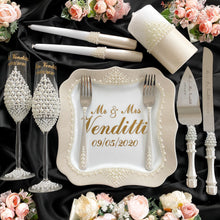 Load image into Gallery viewer, Pearl wedding glasses for bride and groom, cake knife and server
