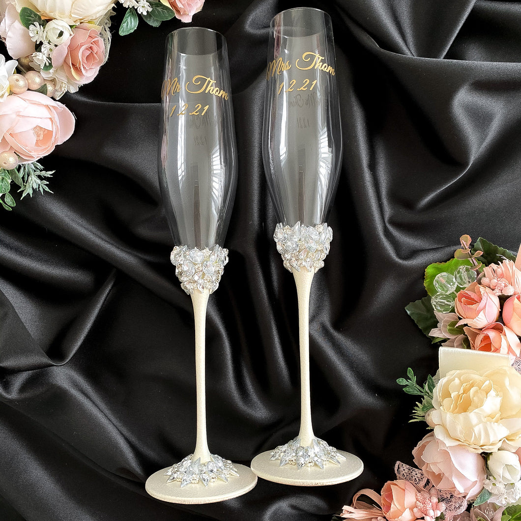 Ivory wedding glasses for bride and groom