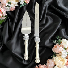 Load image into Gallery viewer, Ivory wedding flutes for bride and groom, wedding cake server sets, wedding cake plate