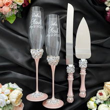 Load image into Gallery viewer, Powdery wedding glasses for bride and groom, cake knife and server, wedding plate, unity candles