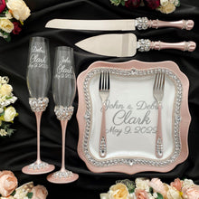 Load image into Gallery viewer, Powdery wedding glasses for bride and groom, cake knife and server, wedding plate, unity candles