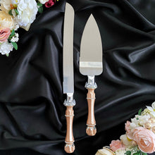 Load image into Gallery viewer, Beige wedding glasses for bride and groom, wedding cake server sets & cake plate with forks