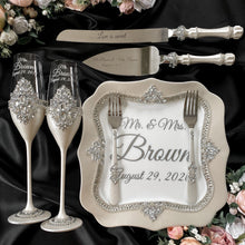 Load image into Gallery viewer, Wedding glasses for bride and groom, cake knife and server