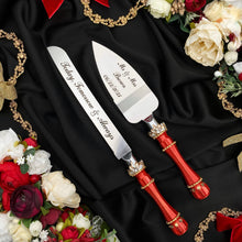 Load image into Gallery viewer, Red wedding cake cutting set, wedding glasses for bride and groom, wedding plate and forks, unity candles