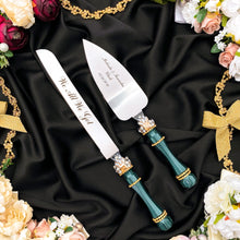 Load image into Gallery viewer, Emerald wedding glasses for bride and groom, wedding cake server sets & cake plate