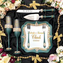 Load image into Gallery viewer, Emerald wedding glasses for bride and groom, wedding cake server sets & cake plate, unity candles
