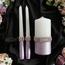 Load image into Gallery viewer, Purple wedding glasses, cake serving set, wedding plate&knife, unity candles