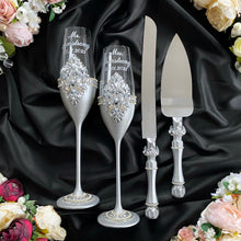 Load image into Gallery viewer, Gray wedding glasses for bride and groom, wedding cake server sets & cake plate, unity candles