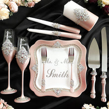 Load image into Gallery viewer, Powdery wedding glasses, cake serving set, wedding plate&knife, unity candles