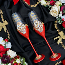 Load image into Gallery viewer, Red wedding glasses for bride and groom, cake knife and server