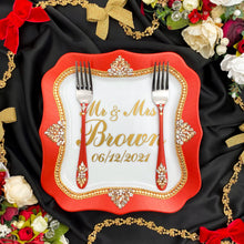 Load image into Gallery viewer, Red wedding cake cutting set, wedding glasses for bride and groom, wedding plate and forks, unity candles
