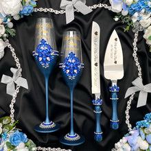 Load image into Gallery viewer, Royal blue wedding glasses for bride and groom, wedding cake server sets &amp; cake plate, unity candles
