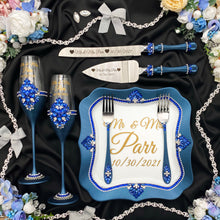 Load image into Gallery viewer, Royal blue wedding glasses for bride and groom, wedding cake server sets & cake plate, unity candles