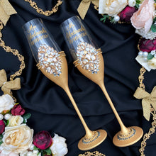 Load image into Gallery viewer, Gold wedding glasses for bride and groom, cake knife and server