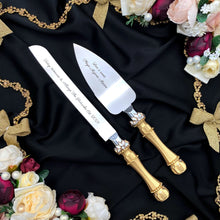 Load image into Gallery viewer, Gold wedding cake cutting set, wedding glasses for bride and groom, wedding plate and forks