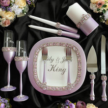 Load image into Gallery viewer, Purple wedding glasses, cake serving set, wedding plate&knife, unity candles