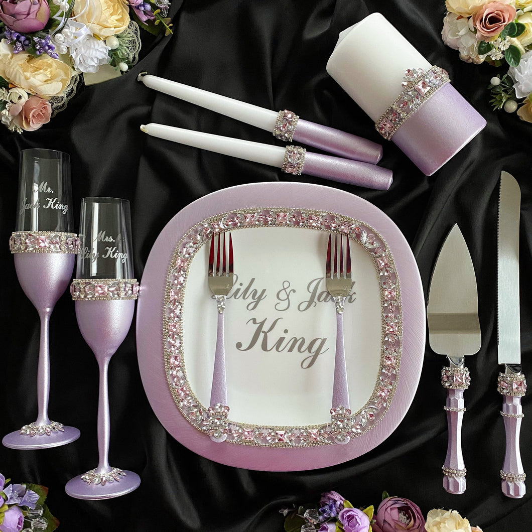 Purple wedding glasses, cake serving set, wedding plate&knife, unity candles