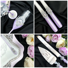 Load image into Gallery viewer, Purple wedding cake cutting set, wedding glasses for bride and groom
