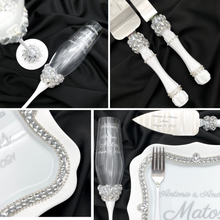 Load image into Gallery viewer, White wedding glasses for bride and groom, cake knife and server, wedding plate, unity candles

