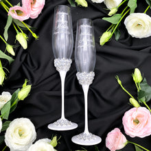 Load image into Gallery viewer, White wedding glasses for bride and groom, cake knife and server, wedding plate and forks
