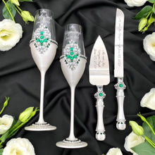 Load image into Gallery viewer, Silver wedding cake cutting set, wedding glasses for bride and groom, wedding plate &amp; forks, unity candles
