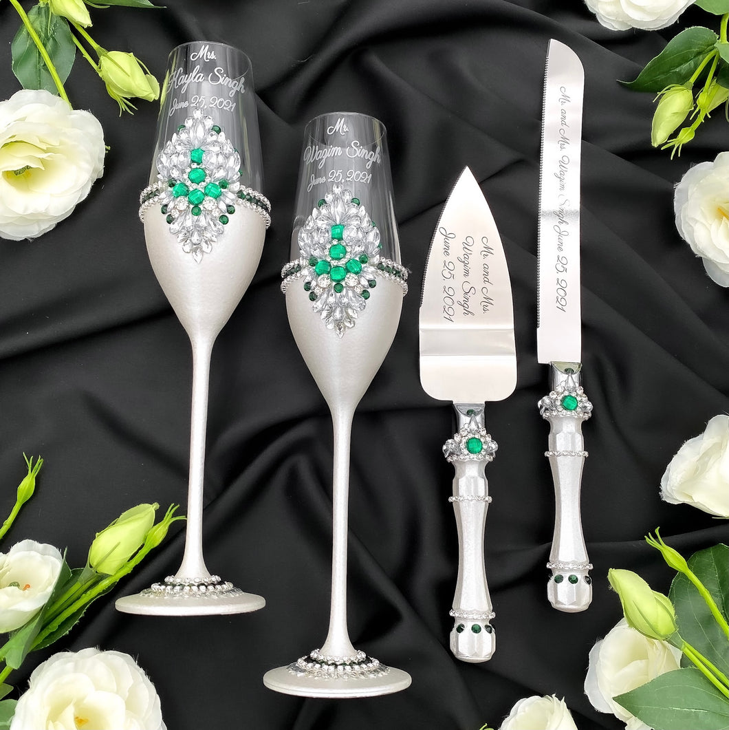 Silver wedding cake cutting set, wedding glasses for bride and groom