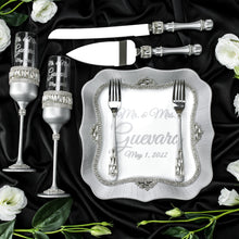 Load image into Gallery viewer, Gray wedding cake cutting set, wedding glasses for bride and groom, wedding plate &amp; forks,
