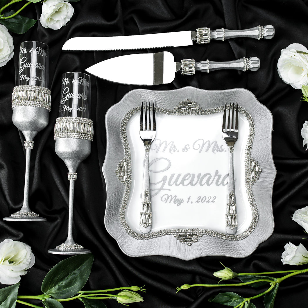 Gray wedding cake cutting set, wedding glasses for bride and groom, wedding plate & forks,