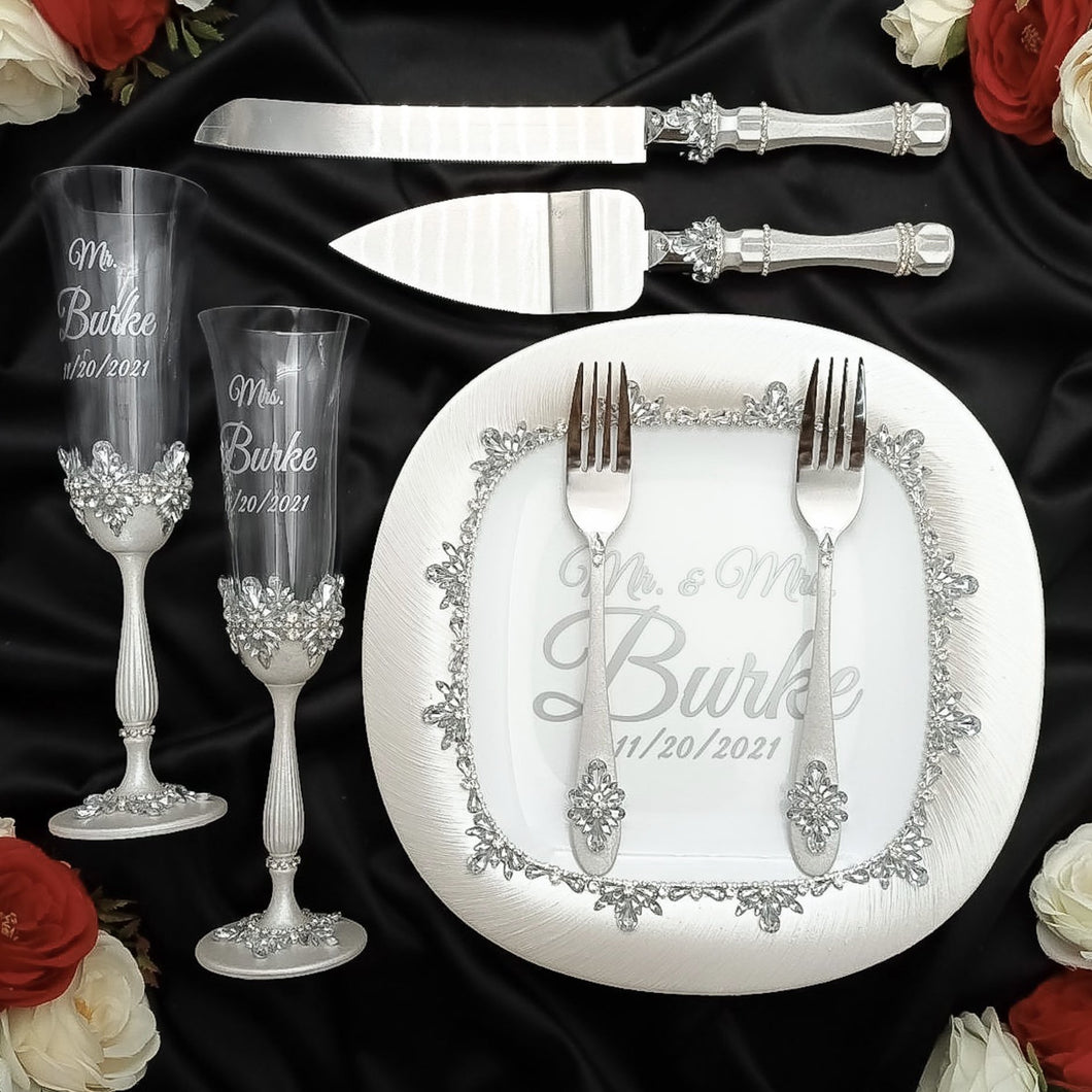 Silver wedding glasses for bride and groom, cake knife and server, wedding plate