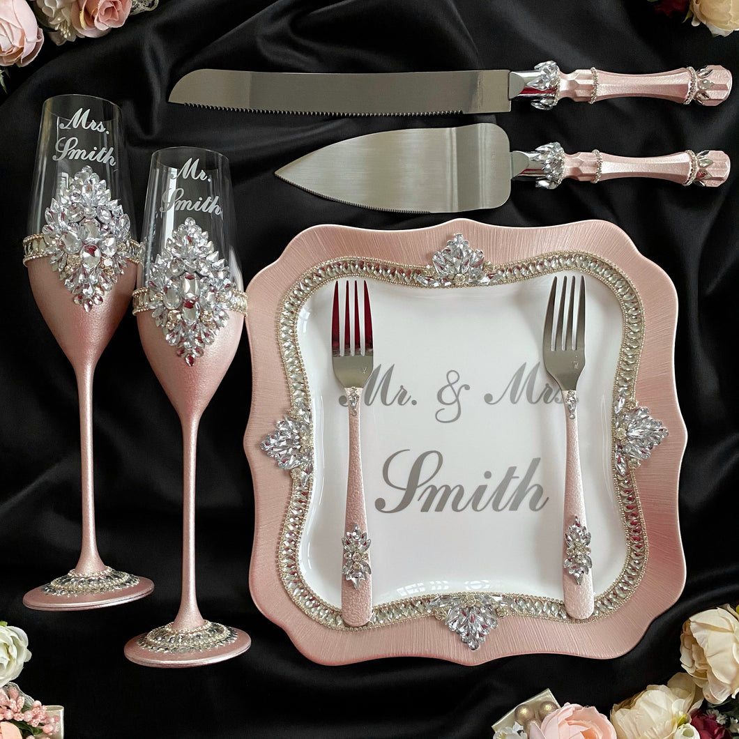 Powdery wedding cake cutting set, wedding glasses for bride and groom, wedding plate & forks