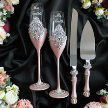 Load image into Gallery viewer, Powdery wedding cake cutting set, wedding glasses for bride and groom, wedding plate &amp; forks

