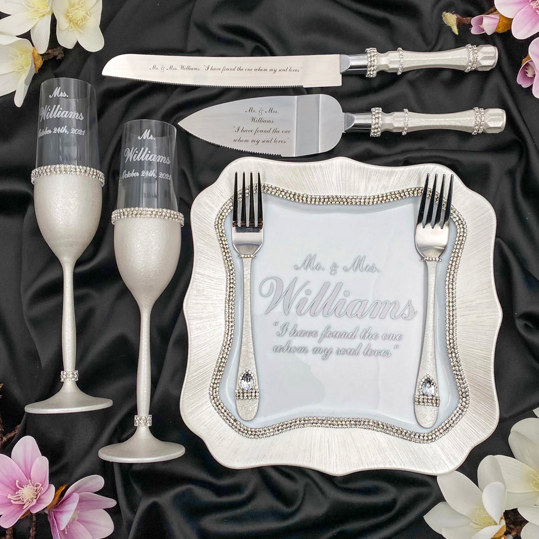 Silver wedding cake cutting set, wedding glasses for bride and groom, wedding plate & forks, unity candles