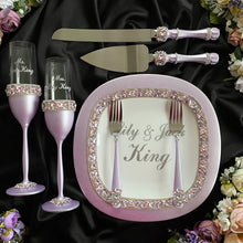 Load image into Gallery viewer, Purple wedding glasses for bride and groom, cake knife and server

