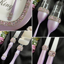Load image into Gallery viewer, Purple wedding glasses for bride and groom, cake knife and server
