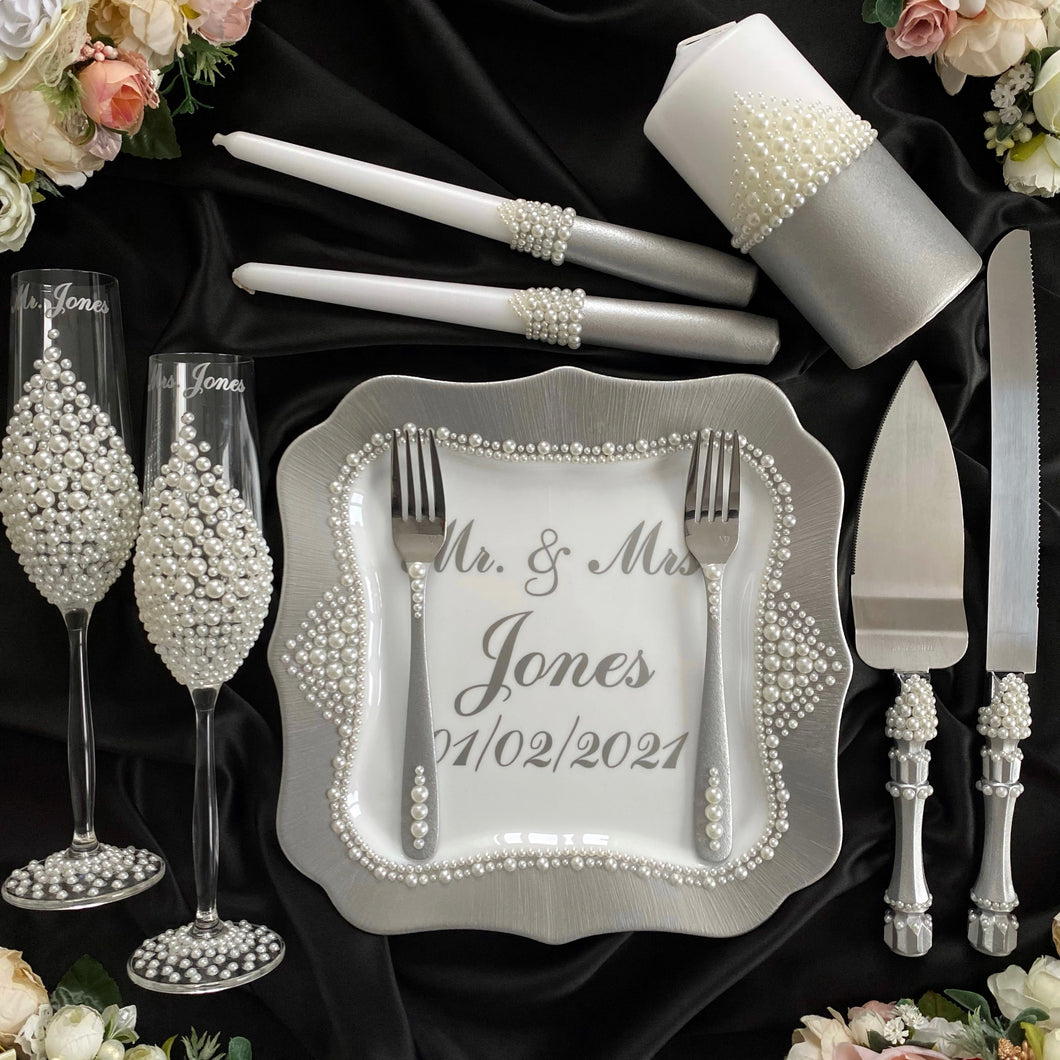 Gray pearl wedding glasses for bride and groom, wedding cake cutting set, wedding plate and forks, unity candles