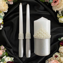 Load image into Gallery viewer, Gray pearl wedding glasses for bride and groom, wedding cake cutting set, wedding plate and forks, unity candles

