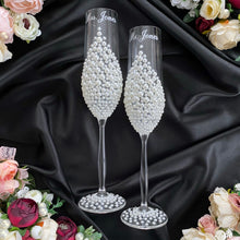 Load image into Gallery viewer, Gray pearl wedding glasses for bride and groom, wedding cake cutting set, wedding plate and forks, unity candles
