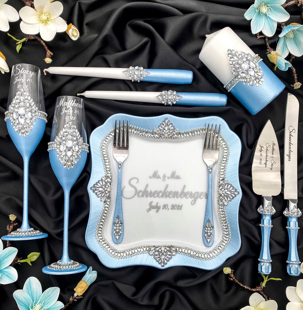 Blue wedding glasses for bride and groom, wedding cake server sets & cake plate, unity candles