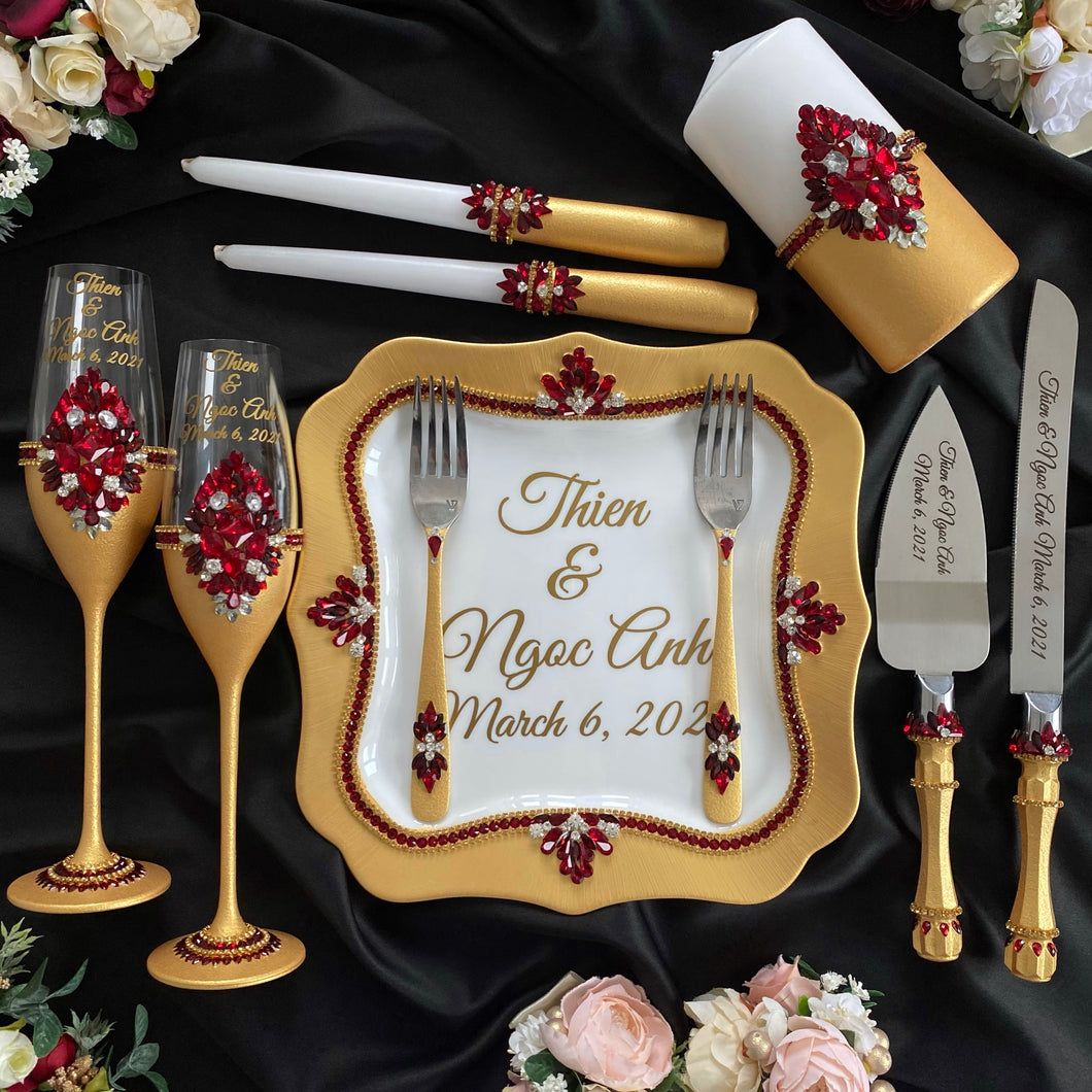 Gold red wedding cake cutting set, wedding glasses for bride and groom, wedding plate and forks, unity candles