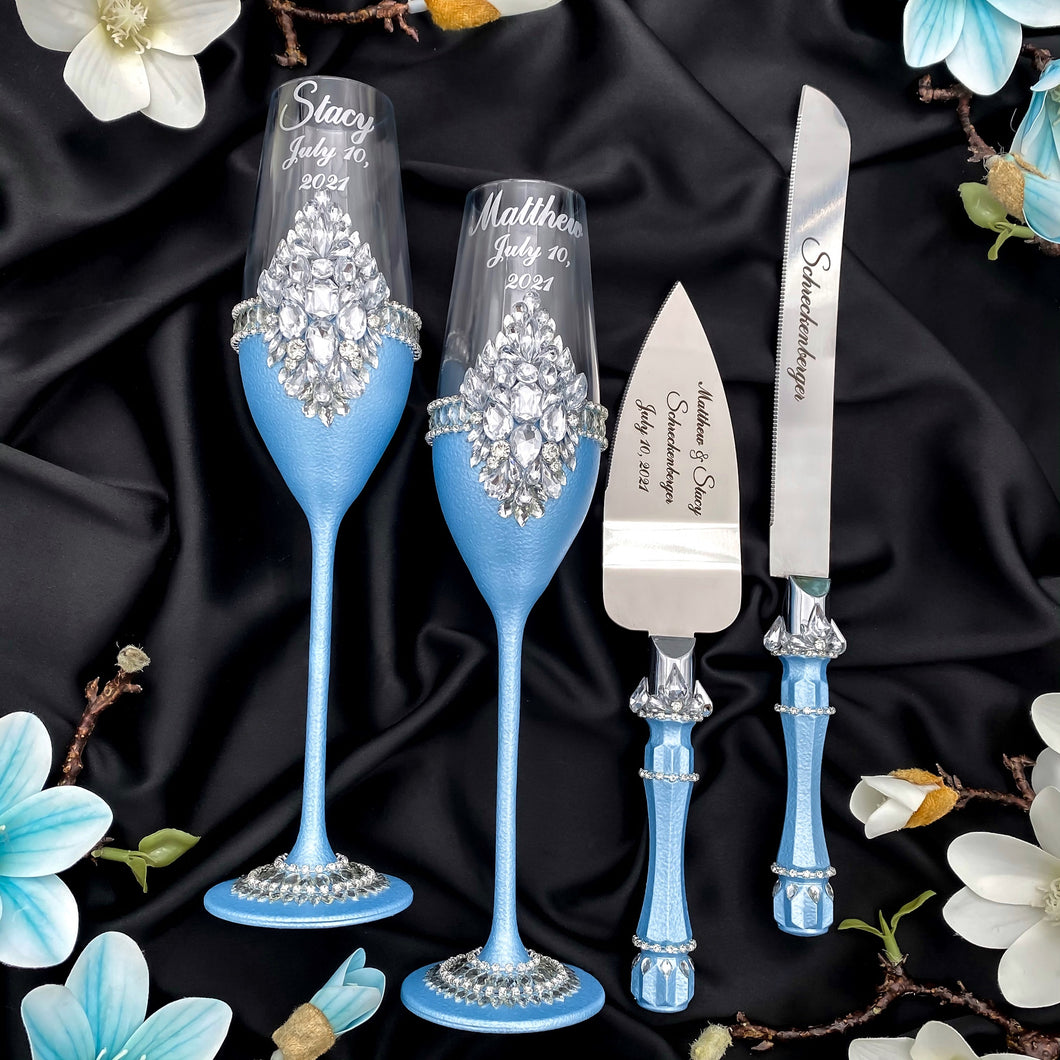 Blue wedding glasses for bride and groom, wedding cake server sets