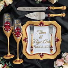 Load image into Gallery viewer, Gold red wedding cake cutting set, wedding glasses for bride and groom, wedding plate and forks
