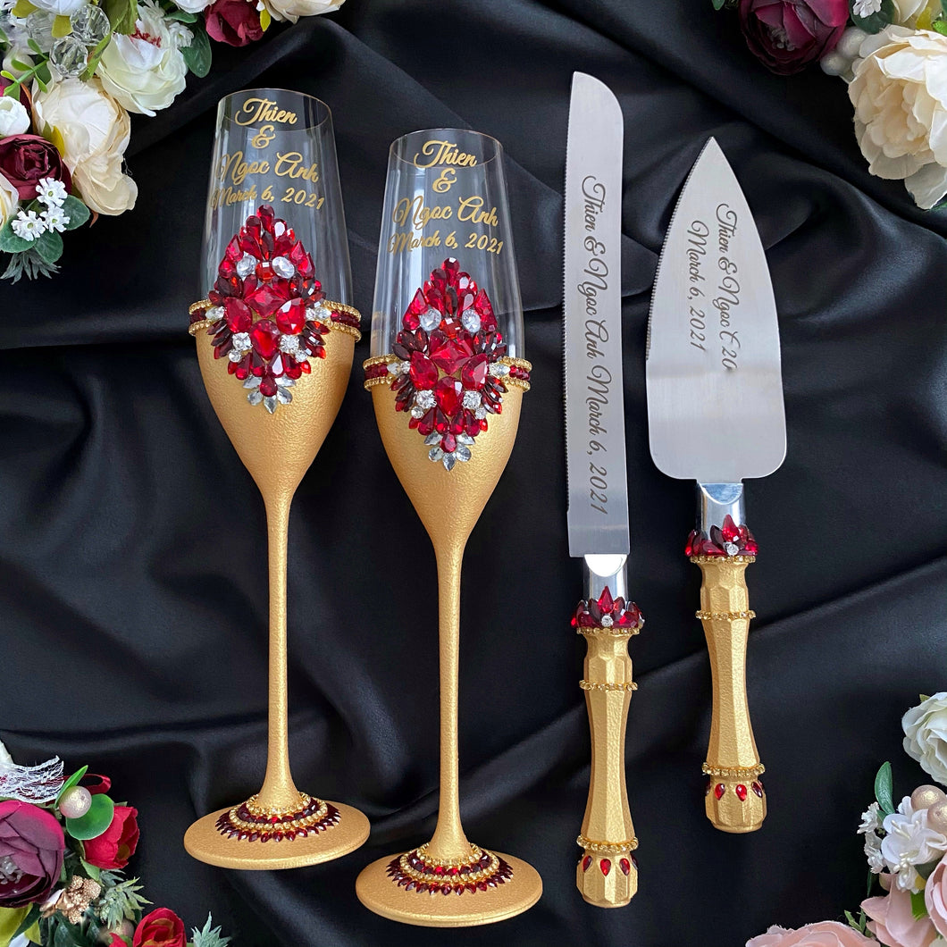 Gold red wedding cake cutting set, wedding glasses for bride and groom