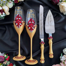 Load image into Gallery viewer, Gold red wedding cake cutting set, wedding glasses for bride and groom, wedding plate and forks, unity candles
