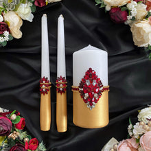 Load image into Gallery viewer, Gold red wedding cake cutting set, wedding glasses for bride and groom
