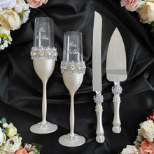 Load image into Gallery viewer, Silver wedding glasses for bride and groom, wedding cake server sets
